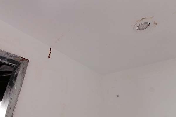 Rust and mould stains on the wall and ceiling of a modular component