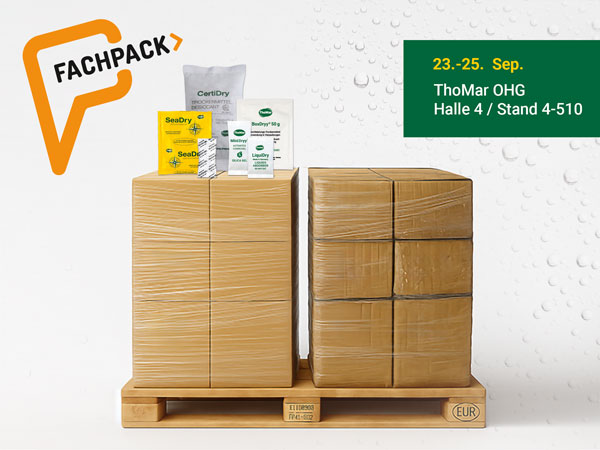 Messegrafik zum FACHPACK-Auftritt 2025: ThoMar OHG stellt Trockenmittel-Neuheiten in Halle 4, Stand