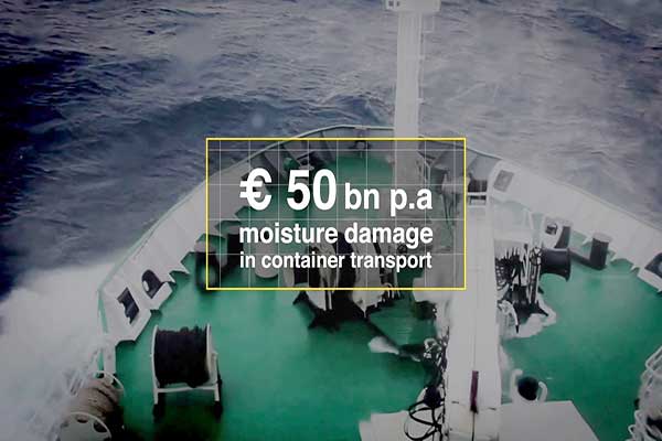 View of a ship in rough seas with text: 50 billion euros of moisture damage per year