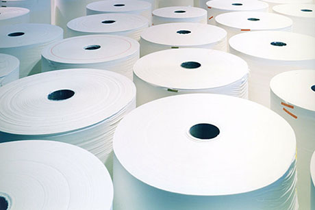 Immagine simbolica: grandi rotoli di carta in un capannone di produzione