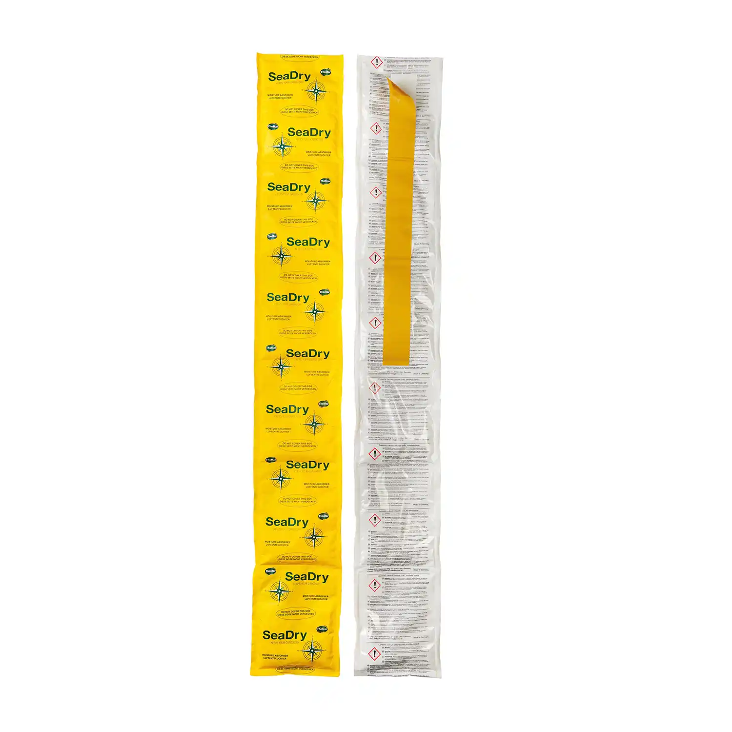 Immagine prodotto ThoMar catena di sacchetti essiccanti per container SeaDry Strip fronte e retro striscia adesiva staccata