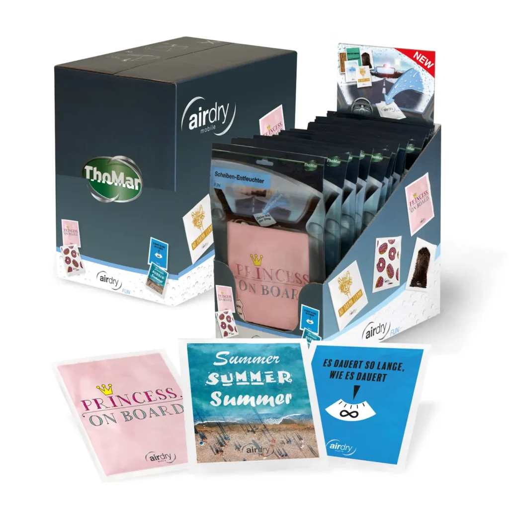 Produktkollage ThoMar airDry FUN Auto Luftentfeuchter Beutel und POS Display