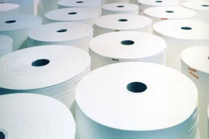 Symbolbild: große Papierrollen in einer Produktionshalle