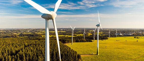 Wind turbines in fields