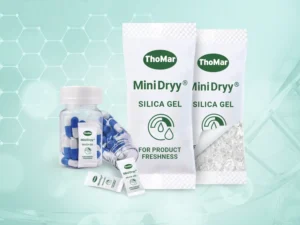 Produktkollage ThoMar Trockenmittel für Pharma und Food mit MiniDryy Trockenmittel Sachets