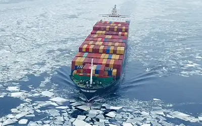 Image symbolique de la sueur du conteneur avec porte-conteneurs dans la mer de glace